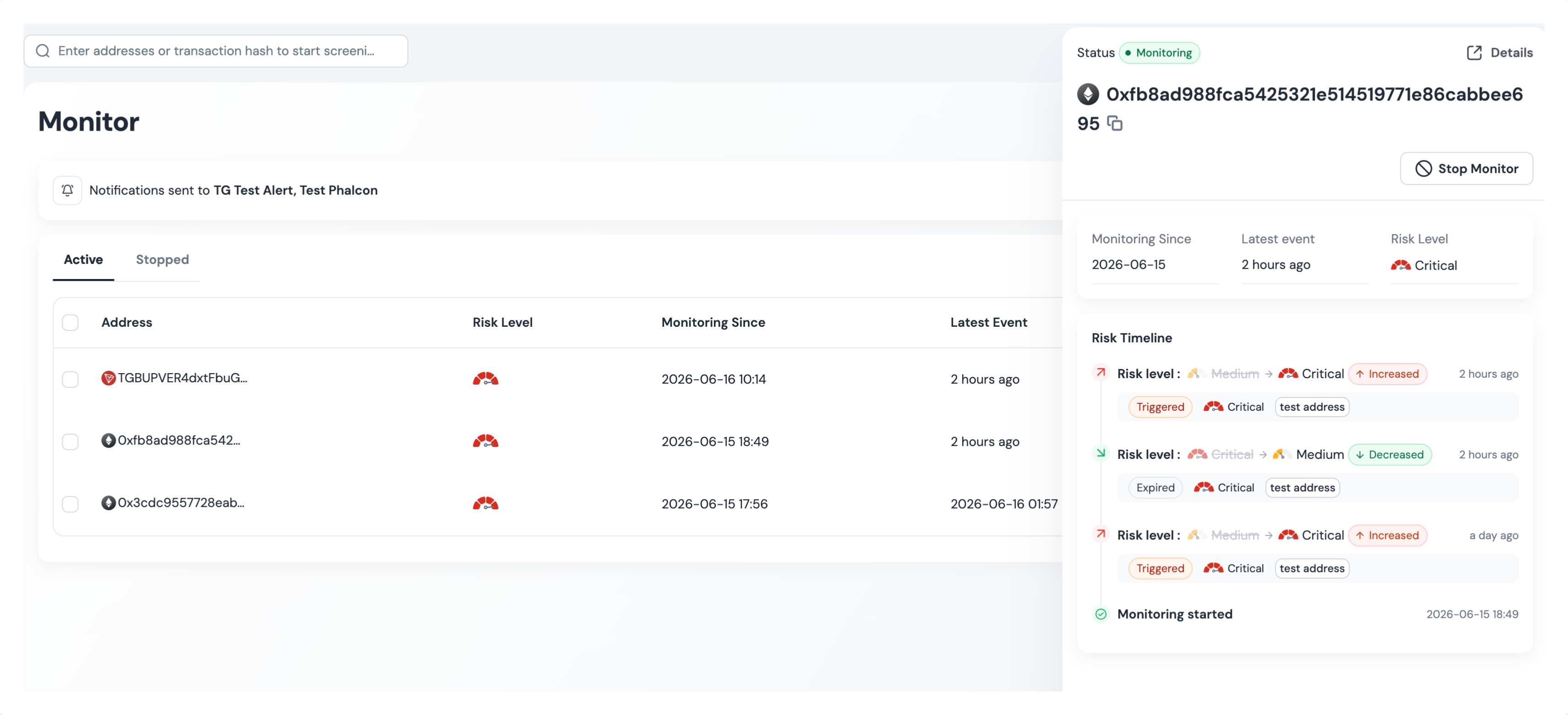 Monitor detail page with risk timeline